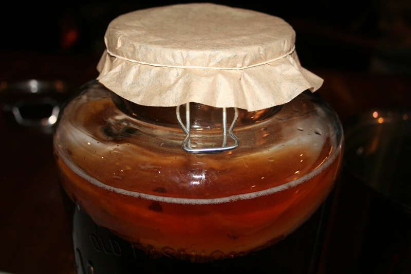 Homemade Kombucha in a large jar with coffee filter secured over opening by a rubber band.