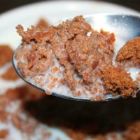 Healthy Homemade Cereal scooped up in a spoon with raw milk.