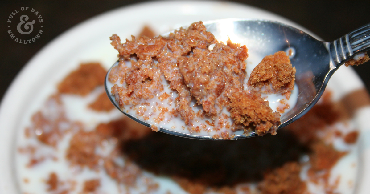 Healthy Homemade Cereal scooped up in a spoon with raw milk.