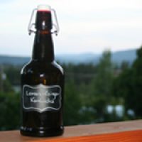 Kombucha in a grolsch bottle sitting on a deck rail with mountain view in the background.