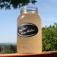 Better Than Water in a quart mason jar sitting on the rail of a deck with blue sky and green trees in the background.