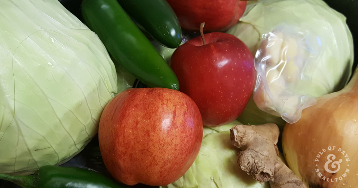 Heirloom Saurkraut Ingredients: cabbage, apples, jalapenos, onion, garlic and ginger.