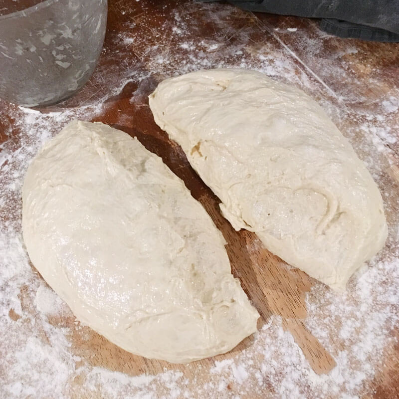 Divide the dough into two equal portions using your pastry cutter.